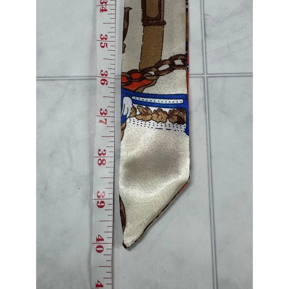 Equestrian Print Satin Skinny Scarf Orange Cream Blue Carriage Chain Bag Ribbon